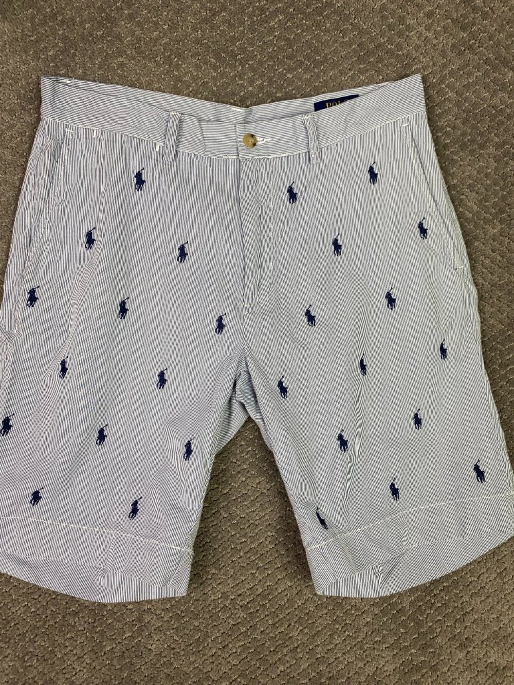 Polo Ralph Lauren Shorts Men's 32 Blue White Seersucker All Over Pony Striped 9"